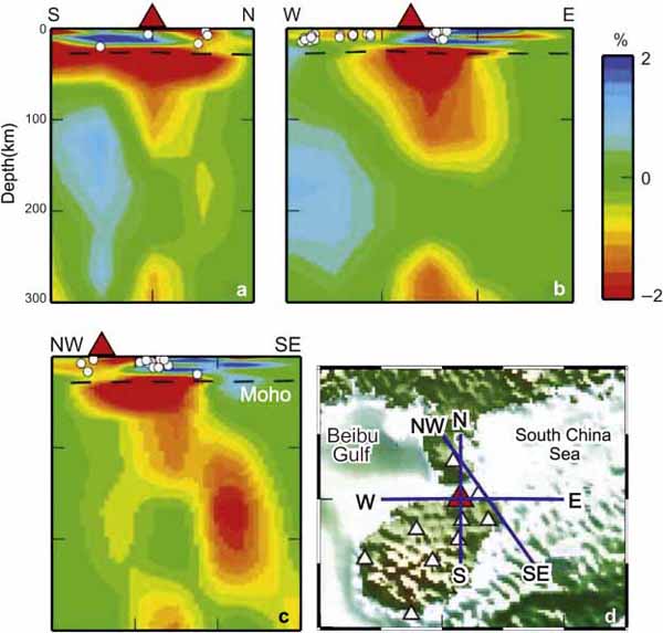 Vertical cross sections of whole-mantle P-wave tomography under the Hainan Dao volcano.